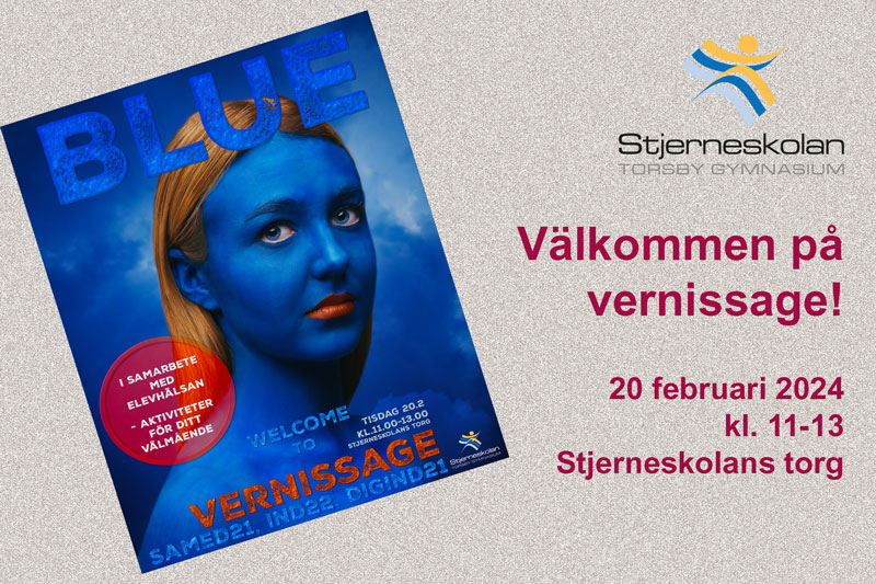 Affisch med kvinna med blått ansikte, text välkommen till vernissage