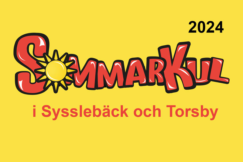 Gul skylt med ordet Sommarkul 2024 på samt Sysslebäck och Torsby